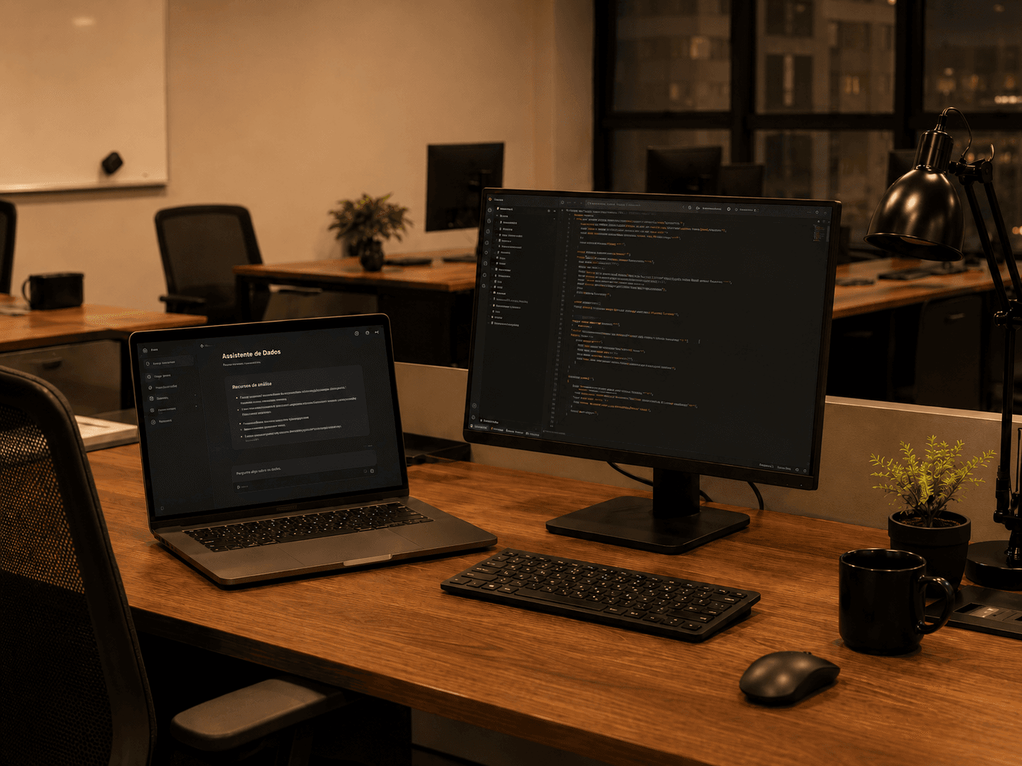 Ambiente de trabalho com assistente de IA e código em tela