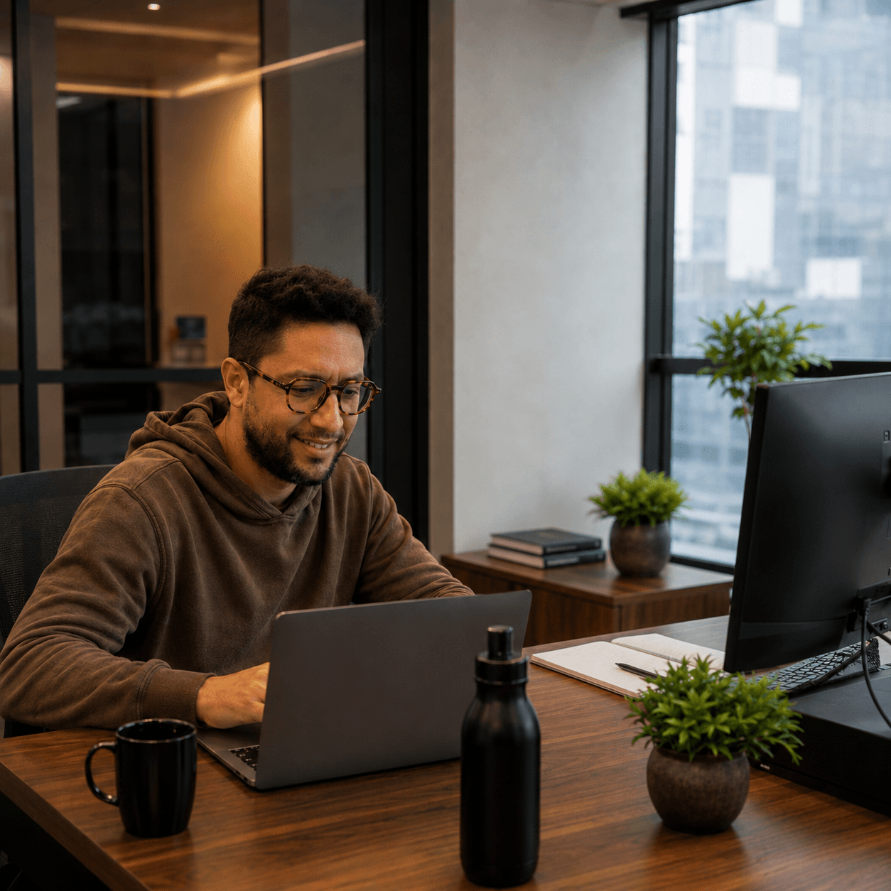 Ambiente de trabalho com computadores, dados e automação para pequenas empresas